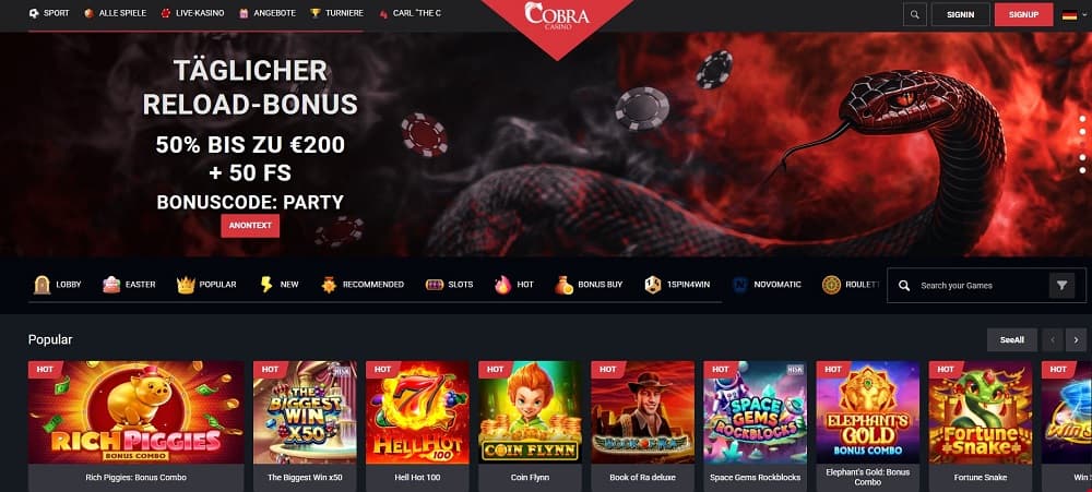 Cobra Casino homepage screenshot. Krypto Casino.