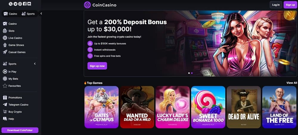 CoinCasino homepage screenshot.