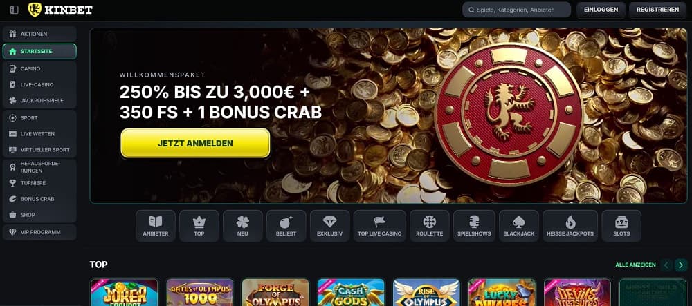 Kinbet Casino homepage screenshot.